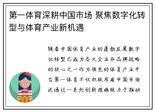 第一体育深耕中国市场 聚焦数字化转型与体育产业新机遇